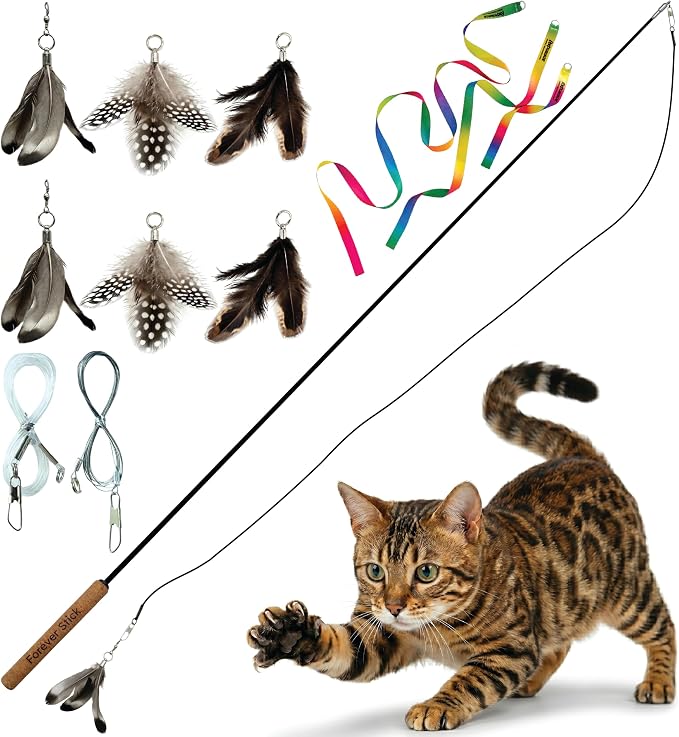 Forever Stick with Cat Toys and Strings Bundle - The Unbreakable Cat Wand Toy, Durable Cat Toy Wand, Extra Long Cat String Toy, Cat Fishing Pole Toy for Bored Indoor Adult Cats, Cat Stick Toy