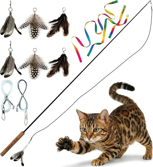Forever Stick with Cat Toys and Strings Bundle - The Unbreakable Cat Wand Toy, Durable Cat Toy Wand, Extra Long Cat String Toy, Cat Fishing Pole Toy for Bored Indoor Adult Cats, Cat Stick Toy
