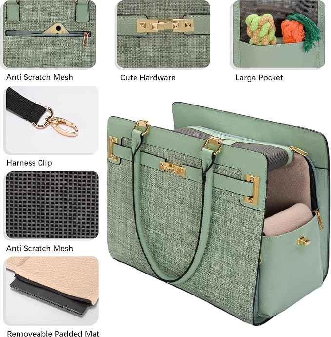 2-in-1 Stylish Dog Purse Carrier Soft-Sided Carriers Travel Tote Bag for Small Dogs Cats, Fashion Foldable Pet Bag for Puppies Small Animals with Pockets (Green, 15" L x 7.5" W x 12.2" H)