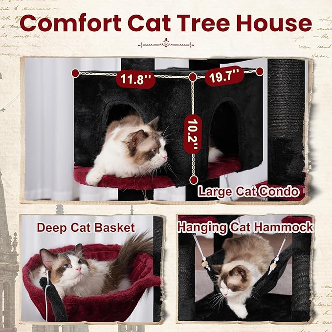 Gitelsnour Gothic Cat Tree, Cat Tower for Large Cats with 2 Big Platforms, 2 Baskets, condo and Toys, 63" Cat Scratching Posts for Indoor Cats, Black and red GCT020BR