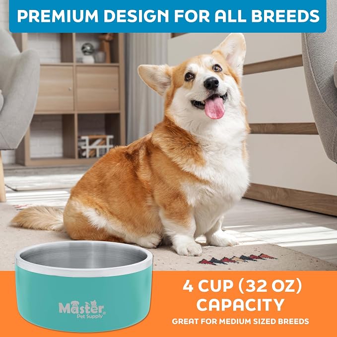 Master Pet Supply Stainless Steel Dog Bowls - 32 oz, Heavy Duty - Aqua Sky, Double Wall Extra-Thick Insulated, Non-Slip Pet Water Bowl for Dogs, Cats & Pets, Anti Rust Metal, Dish Washer Safe
