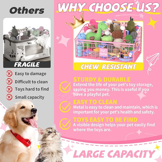 Kaiferty Indestructible Dog Toy basket, Medium Toy Box for Dogs,Pet Toy Bin Dog Metal Basket for Toys, Toy Storage Organizer, Living Room Area (Pink)