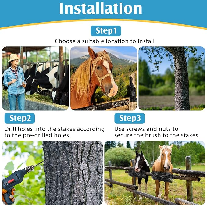 3 Pack Livestock Scratching Brush, Black | Animal Scratcher, Itch Relief Grooming, Horse Goat Cow Scratcher, Fence Post Mounting, Durable Bristles, Farm Livestock Care