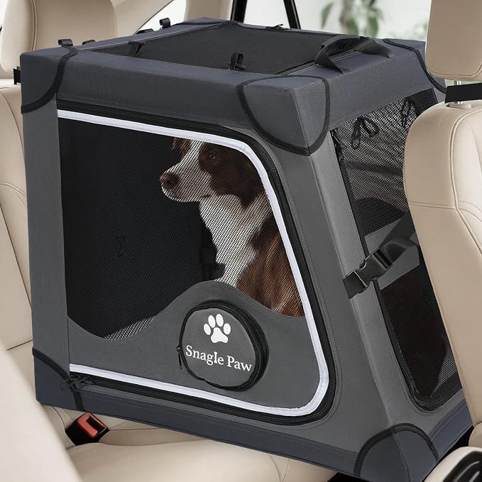 Snagle Paw Dog Car Crate for Back Seat, Portable, Large, Gray | 3-point seat securement, breathable mesh, feeding windows, folds flat, for road trips, camping and vet visits