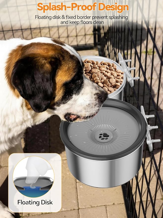 2 Pcs No Spill Dog Water Bowl for Crate, 2.5L Stainless Steel Hanging Kennel Bowls with Adjustable Height, Anti-Splash Water & Food Bowl Set for Cage Kennel Crate, Medium Large Dogs (Black)