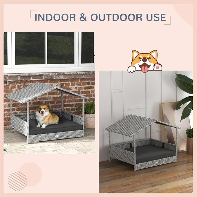 PawHut Wicker Dog House Outdoor, Silver Wicker, Gray Cushion | Rattan Dog Bed, Canopy, Water-resistant Cushion, Raised Pet Bed for Small, Medium Breeds up to 66 lbs, 20" in Length