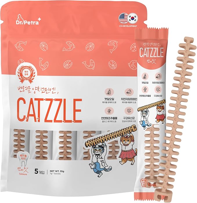 CATZZLE Cat Treats, Dental Chews for Indoor Cats, Cat Teeth Cleaning, Dental Care Snacks - Hairball Control (Salmon Flavor), 5 Sticks (1.25 oz.)