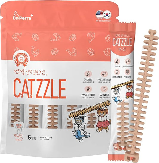 CATZZLE Cat Treats, Dental Chews for Indoor Cats, Cat Teeth Cleaning, Dental Care Snacks - Hairball Control (Salmon Flavor), 5 Sticks (1.25 oz.)