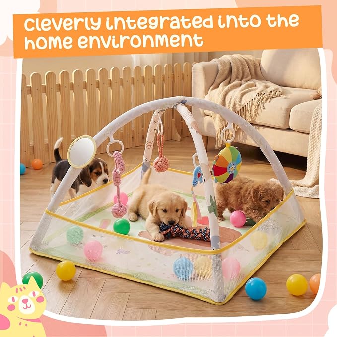 30 x 30 x 21 Inch Puppy Play Gym with 9 Hanging Toys & 18 Ocean Balls – Interactive Activity Mat for Dogs & Cats, Includes Squeaky Plush & Chew Toys – Portable Snuffle Mat for Pets up to 25 Lbs