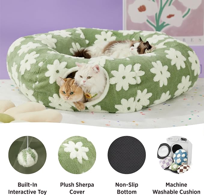 Lesure Donut Cute Jacquard Large Cat Tunnel Bed Kitten Toys for Dog Bunny | 39.5x39.5x10in,Round Large Cat Bed Tube for Multi Kittens,Pet Peekaboo Cave Toy,Spiral Hideaway,Washable Cushion,Green