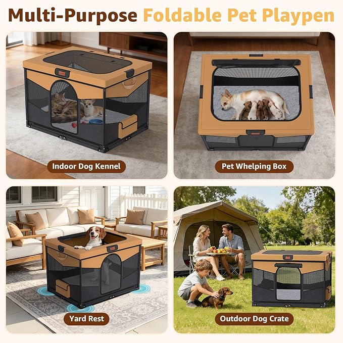 LOOBANI Foldable Dog Playpen with Washable Pee Pad, 32"x24"x22", Brown | Portable Pet Playpen for Small Dogs Cats Indoor Use, Sturdy Dog Crate with Premium Frame and 690D Oxford Waterproof Cover