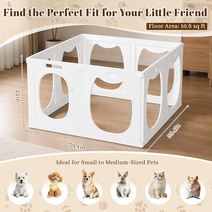 Clear Acrylic Dog Playpen Indoor with Toy & Door (24" H, 8 Panels, White) | Transparent Puppy Playpen for Dogs, Cats, Rabbits or Small Pets, Indoor Modern Dog Play Pen for Home, Easy Clean & Assemble