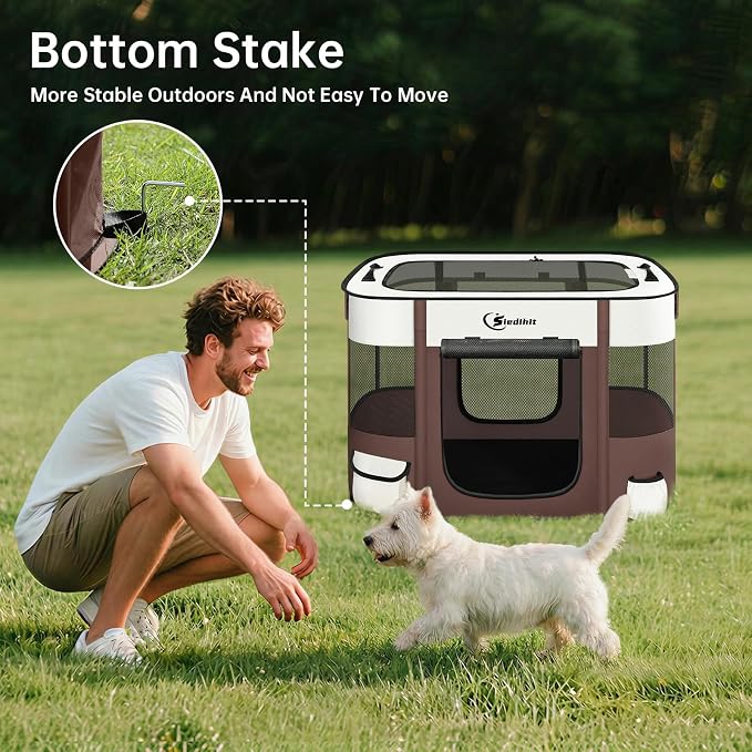 Siedihit Dog Playpen, Cat Pet Puppy Crate, Portable Playpens Indoor Outdoor (Brown, Small)