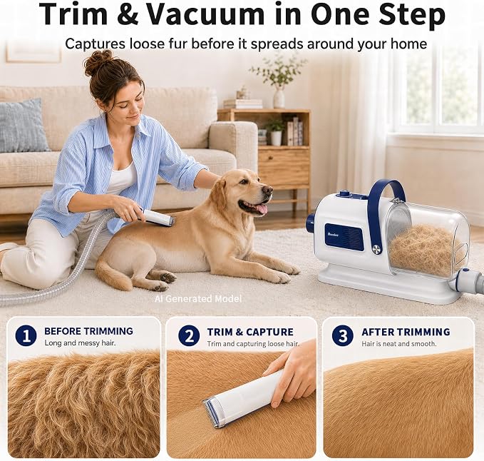 Buenkee Dog Grooming Vacuum & Blow Dryer Kit, Pet Clipper, 15000Pa Suction | 3-in-1 Pet Care, Removes Loose Fur, Styles Coats & Dries After Baths, Adjustable Heat & Airflow, 1.7L Dust Cup for Easy Clean