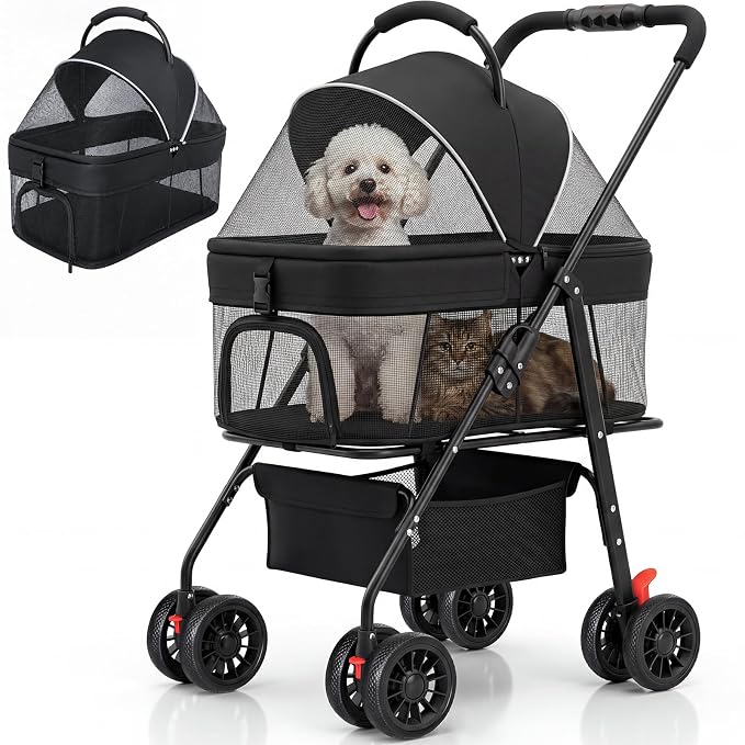 Dog Stroller for Small Dogs, Panoramic Mesh Pet Cat Stroller with Detachable Carrier, Foldable Pet Stroller up to 35 lb, with Safety Tether, Puppy Doggie Stroller for Medium Dogs 20 lbs Black