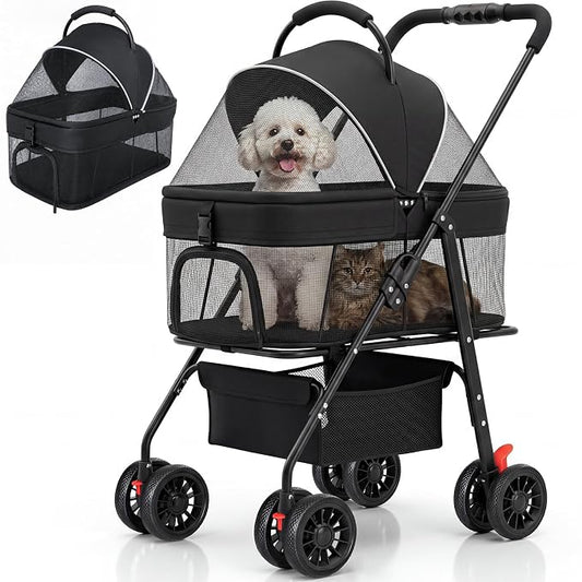 Dog Stroller for Small Dogs, Panoramic Mesh Pet Cat Stroller with Detachable Carrier, Foldable Pet Stroller up to 35 lb, with Safety Tether, Puppy Doggie Stroller for Medium Dogs 20 lbs Black