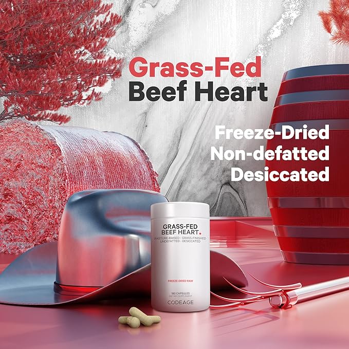 Codeage Grass Fed Beef Heart Supplement - Freeze Dried, Non-Defatted, Desiccated Glandular Supplements - Bovine Meat & Liver Pills - Beef Vitamins for Heart - Non-GMO -180 Capsules