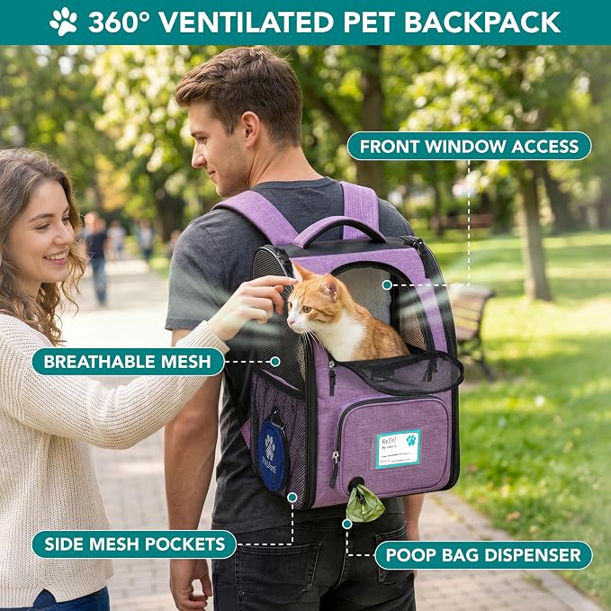 PetAmi Expandable Dog Backpack Carrier for Cats & Pets, Breathable Cat Carrier Backpack with Top Window & Multi-Entry, Ventilated Foldable Travel Carrier for Small Medium Pets up to 18 lbs, Purple