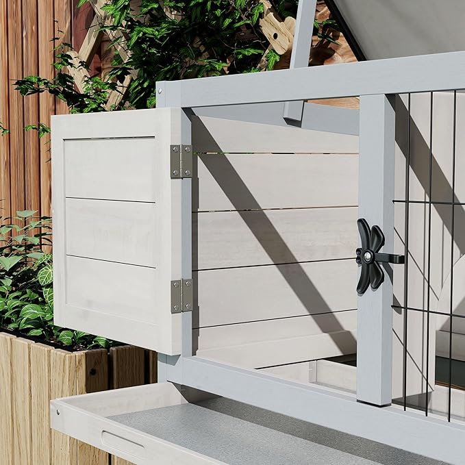 PawHut Elevated Wooden Rabbit Hutch, Indoor/Outdoor Bunny Cage with Hinged Asphalt Roof and Removable Tray for Guinea Pig, Light Gray