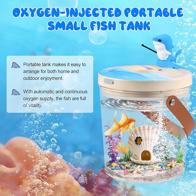 Portable Mini Fish Tank, Rechargeable,with Air Pump Oxygenation, and Multi-Color Automatic Switching LED Lights. 0.3 Gallon Plastic Aquarium for Travel