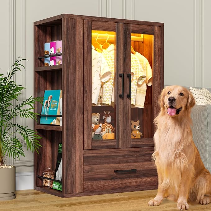 kepptory Pet Wardrobe Closet with LED Light, Side Storage Shelves & Drawer, Walnut Pet Clothes Organizer Cabinet with Hanging Rod, Multi-Functional Pet Closet for Dogs & Cats Clothing, Toys | Walnut Pet Clothes Organizer Cabinet with Hanging Rod, Multi...