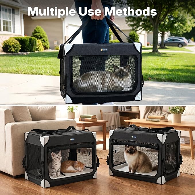 Veehoo Extra Large Cat Travel Carrier with Litter Box for 2 Cats, 48 inch Collapsible Dog Crate for Small Medium Dogs, 2 in 1 Cat Pet Puppy Kitten Foldable Car Carrier Soft Sided for Road Trip, Black