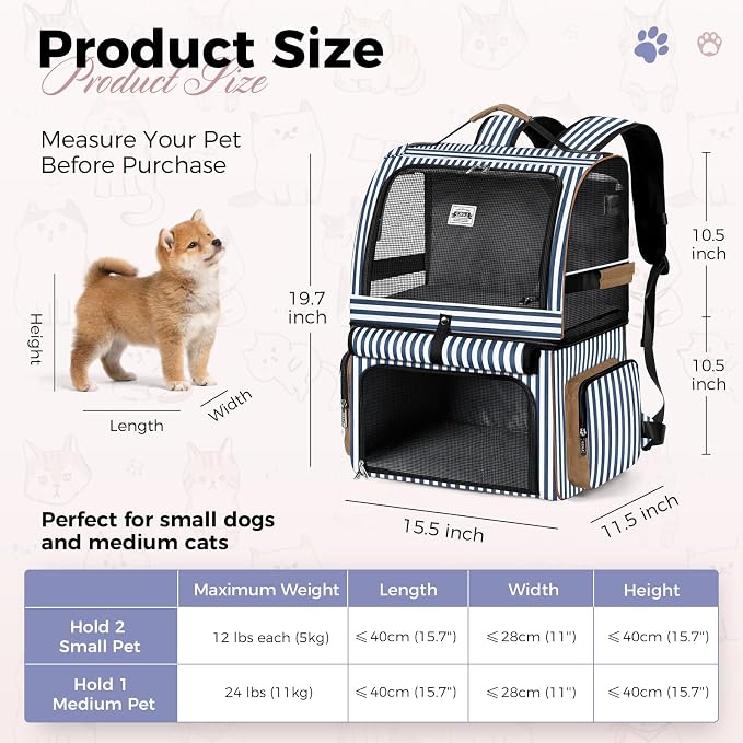 Double Cat Backpack Carrier for 2 Cats, Double-Compartment Pet Carrier Backpack for 2 Small Cat or One Medium Cat, Cats Carrier Backpack Dog Carrier Backpack Fits Up to 24 Lbs,Blue Striped