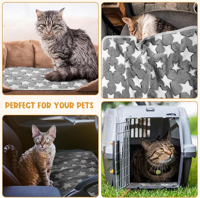 Tatuo 4 Pack Fleece Dog Blankets for Puppy Cats Multi-Size Sleep Mat for Pet Guinea Pig Soft Washable Warm Crate Bed Puppy Teething Toys Print Pattern Blanket Indoor(White,Grey,24 x 16 Inch,Star)