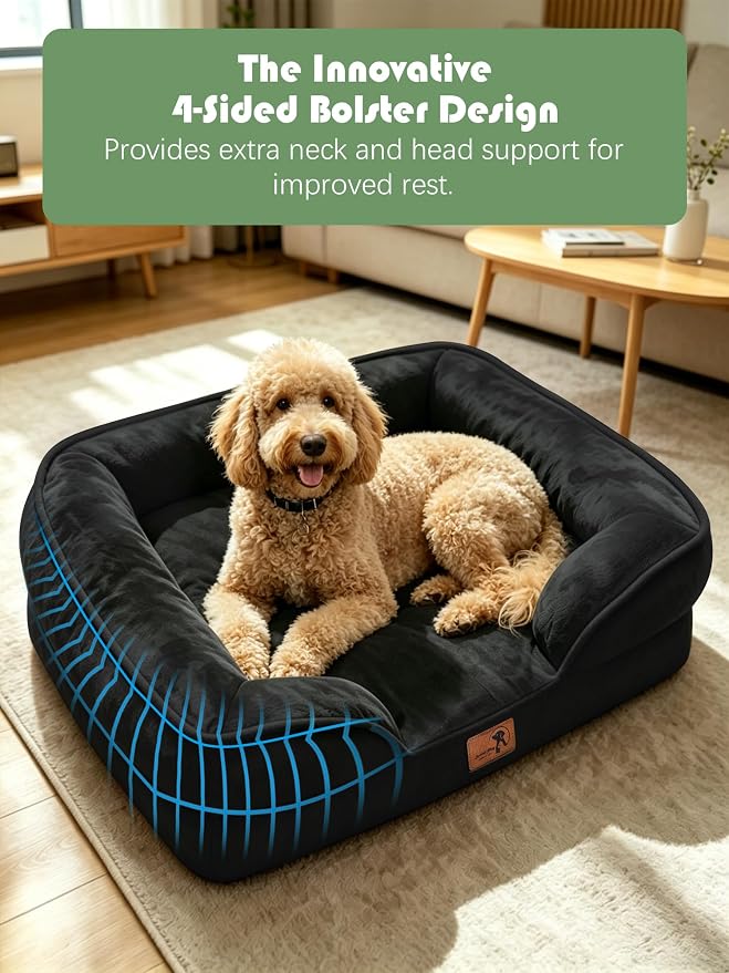 Spotted Play Orthopedic Dog Bed with Sides - Sofa Beds for Extra Large Dogs, Supportive Foam Pet Couch Bed with Washable Removable Cover, Waterproof Lining and Non-Slip Bottom, Black - XL
