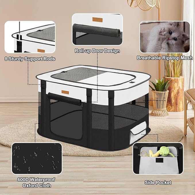 Dog Playpen - Foldable Cat Play Pens for Pubby,Kitten, Rabbit,Portable Pet Tent with Carring Bag for Indoor/Outdoor Travel Camping (Black-Large)