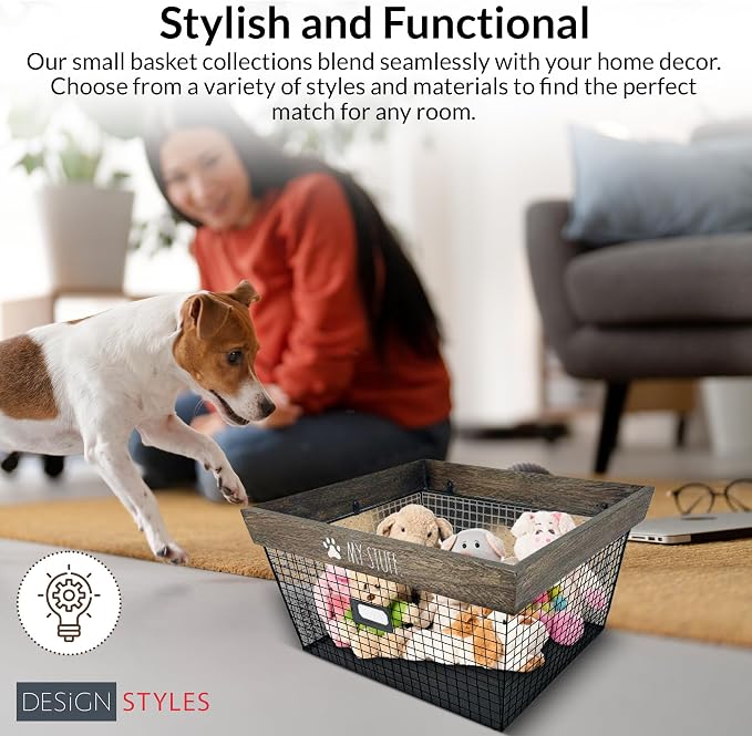 Rae Dunn Decorative Pet Toy Storage Basket - Durable Cat and Dog Toy Basket Perfect for Organizing Chew Toys - Sturdy Metal Baskets for Storage of Pet Blankets & Leashes