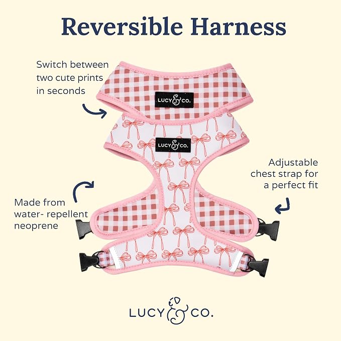 Lucy & Co. Reversible Dog Harness - Water-Repellent Neoprene, Dual-Print Design, Easy Swap Style, Adjustable Comfort Fit - Take a Bow Reversible Harness - Medium