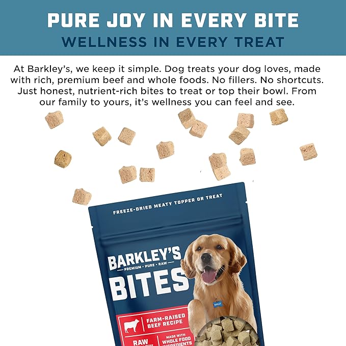 Barkley’s Bag Beef Bites, Freeze Dried Dog Treats & Food Topper, Made w/Beef, Barley, and Quinoa, Small Bite-Sized Pieces for Training Rewards, for All Dog Breeds, Ages & Sizes, 4 Oz Bag (1 Pack)