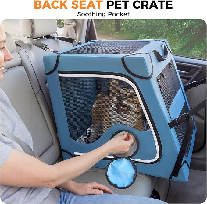 Snagle Paw Portable Dog Crate for Car Travel,Metal Frame Pet Crate,Pet Carrier for Car Back Seat Secures with Headrest Strap and Seatbelt,M