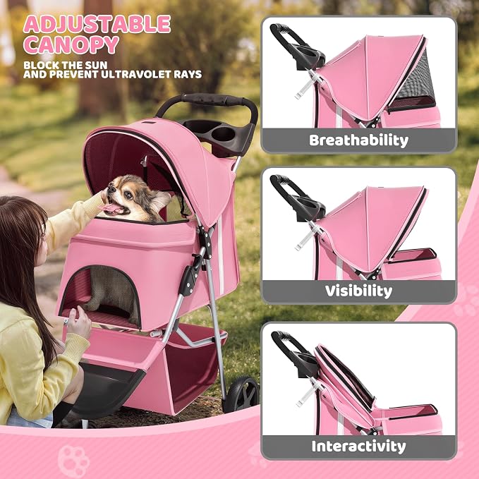 Magshion 3-Wheel Pet Stroller for Small/Medium Dog Cat, Up to 33lbs, Pink | Foldable Travel Jogger w/ Breathable Mesh Cover, Lightweight Design, Safety Tethers, Cup Holder & Storage Basket