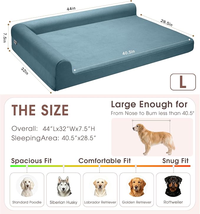 Gel Memory & High-Density Foam Orthopedic Dog Bed 44x32x7.5 Large | | Double Waterproof Cover | Machine Washable | Non-Slip Base | Fur-Resistant Tech Fabric