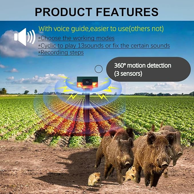 HULPPRE Solar Outdoor Motion Sensor Alarm-Dog Barking&Gunshot Sound,130db Loud Noise Maker,Support Recording,13 Kinds of Sound Strobe Light with USB,Say Goodbye to The Intruders