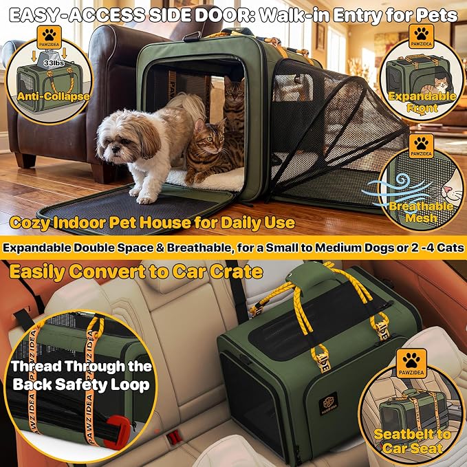 PAWZIDEA Expandable Large Pet Carrier, Soft-Sided 2–4 Cats Carrier Up 55lbs | 24"×16"×16" Collapsible Small to Medium Dog Carrier Travle Bag, Portable Dog Crate for Car Travel, Breathable, Storage Pocket