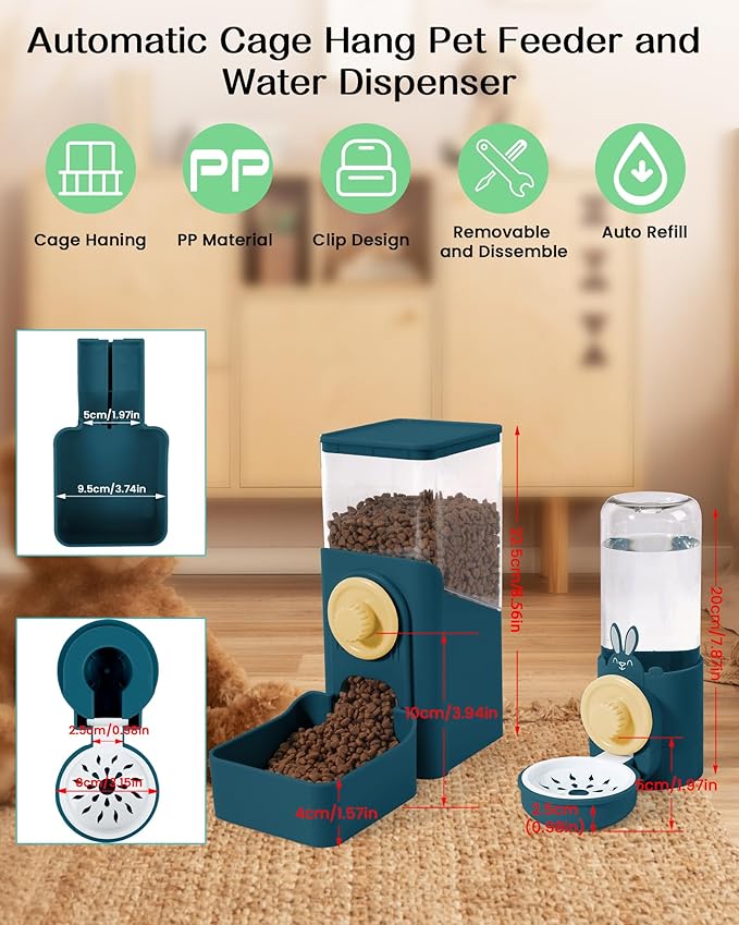 Hanging Automatic Pet Food and Water Dispenser, Auto Gravity Rabbit Ferret Bunny Hedgehog Feeder Water Dispenser Sets, Cat Dog Food and Water Dispenser Food Bowl for Cage Hanging (Dark Blue)