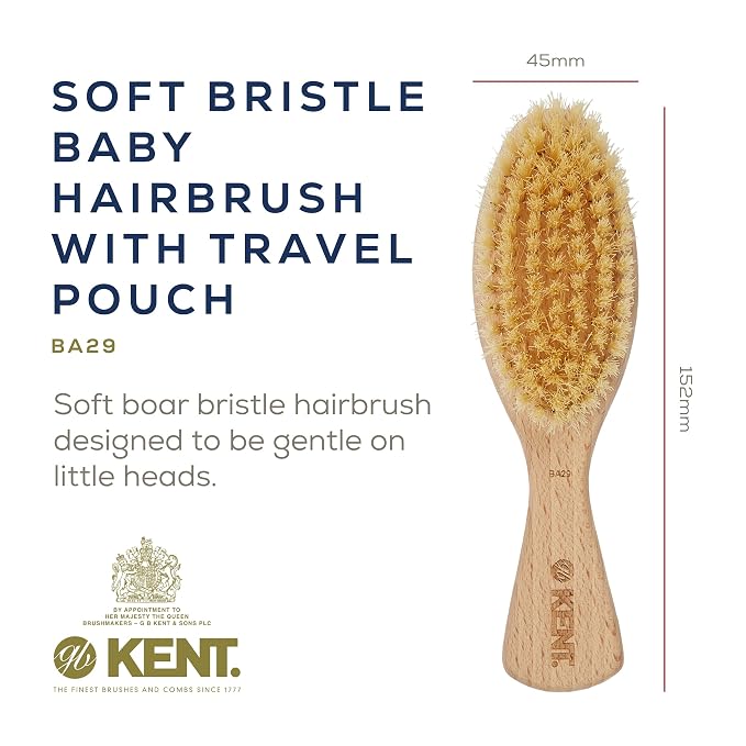 Kent BA29 Cradle Cap Baby Hair Brush with Soft Natural Bristles and Travel Pouch - Baby Essentials for Newborn Hair Brush Made in England