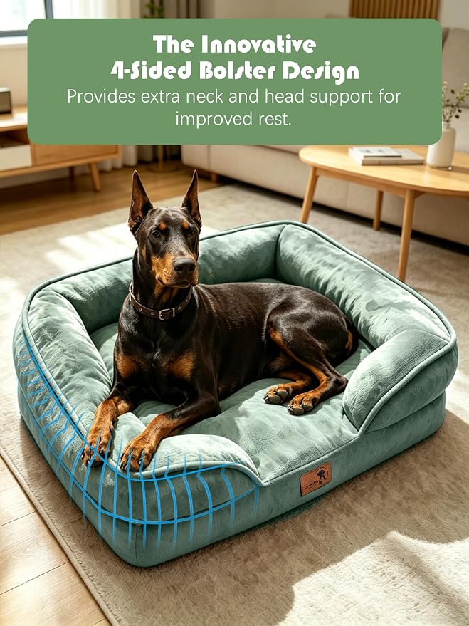 Spotted Play Orthopedic Dog Bed with Sides - Sofa Beds for Extra Large Dogs, Supportive Foam Pet Couch Bed with Washable Removable Cover, Waterproof Lining and Non-Slip Bottom, Green - XL-Plus
