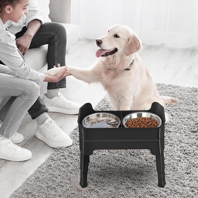 3-in-1 Elevated Dog Bowls Mess Proof Raised Slow Feeder Dog Bowls, 4 Height Adjustable Dog Bowl Stand Licking Plate with 2 56oz Stainless Steel Dog Food Bowls for Small Medium Large Dogs Pets