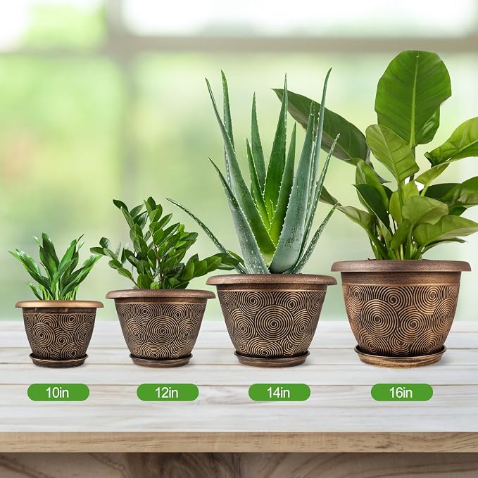 Fodetyff 12 Inch Large Planter Pot for Plants Indoor Outdoor, 4 Pack Plastic Flower Pots with Drainage Hole & Tray, Modern Decorative Garden Pot with Saucer, Plant Container for House