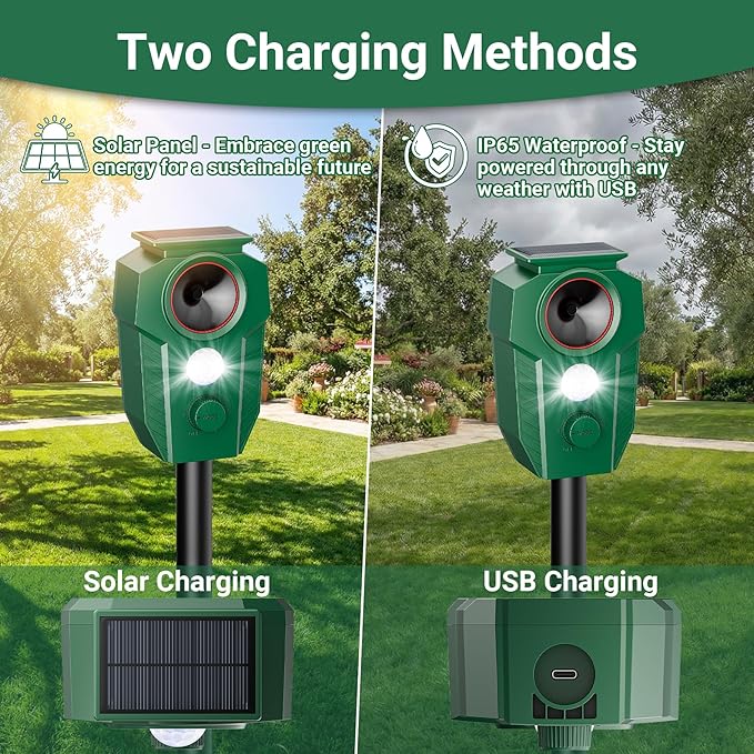 Solar Ultrasonic Animal Repellent with Motion Sensor & LED Lights – Waterproof Outdoor Deer Repellent Device for Yard, Garden & Lawn – Effective Against Cats, Coyotes, Raccoons & Dogs
