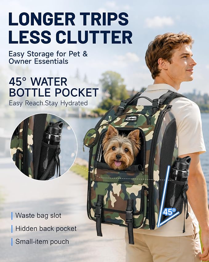 Dog Backpack Carrier with Ergonomic Support, Padded Straps and Ventilation, Hiking Pet Backpack with Safety Tethers, Reflective Trim and Waist Support, Up to 22lbs