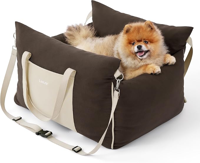 Lesure Dog Car Seat for Small Dogs,Booster Car Bed for Puppy Under 25lbs | Soft Pet Carseat with Clip-On Safety Leash and Thickened Memory Foam Filling,Dog Travel Carrier Bed with Storage Pocket,Brown