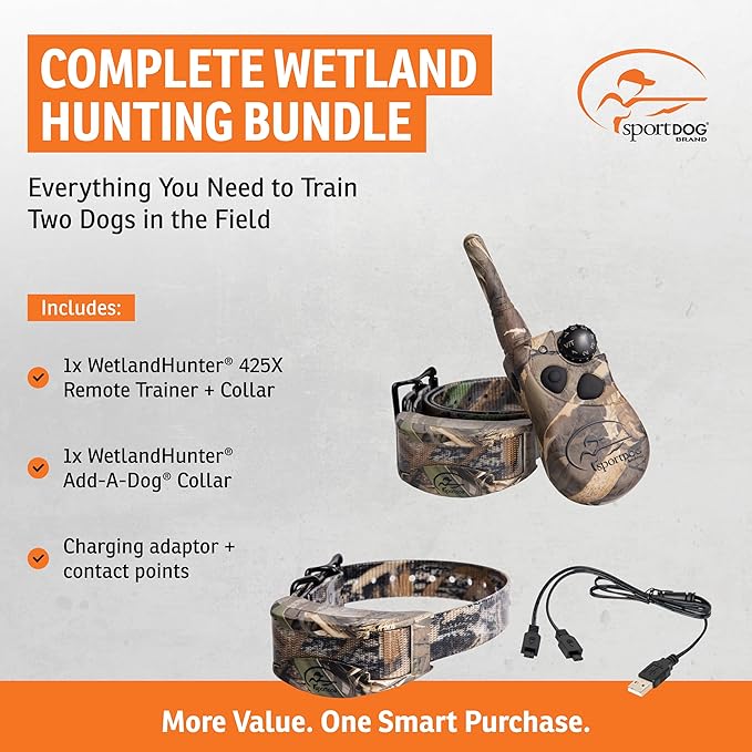 SportDOG Brand WetlandHunter 425X Camouflage Dog Static Collar with Remote and Add-A-Dog Collar - 500 Yard Range Remote Trainer - Rechargeable Dog Training Collar with Static, Vibrate, and Tone