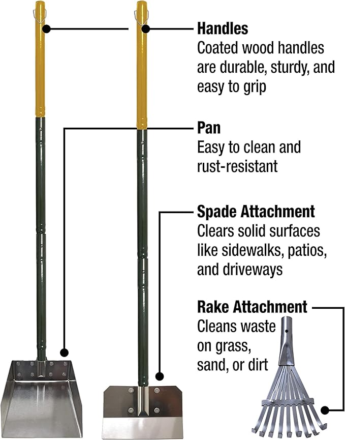 Four Paws Stainless Steel Long-Handled Dog Pooper Scooper Rake, Spade, & Pan 3 Piece Set, Pet Waste Pickup Tool, 38" x 10"