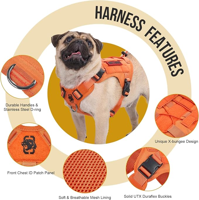 OneTigris Tactical Dog Harness Vest No-Pull Service Dog Vest for Large Dogs | 1000D Pullable Nylon, with Control Handle and Hook & Loop Panels, Easy On & Off, Adjustable for Walking Training Orange L