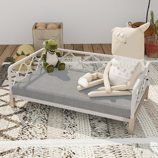 Dog Sofa Bed, Elevated Dog Couch with Washable Removable Gray Cushion, Rattan White Wicker Orthopedic Raised Pet Sofa for Outdoor, Indoor